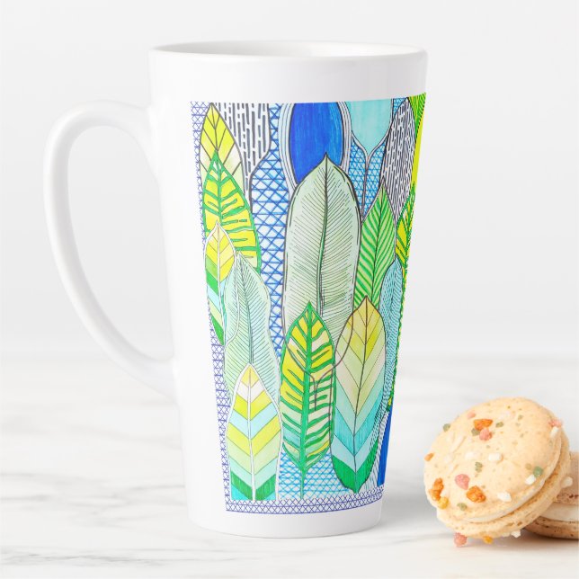 Caneca De Café Latte Folhas de Boho Tropicais Modernas e Amarelas Verde (In Situ)