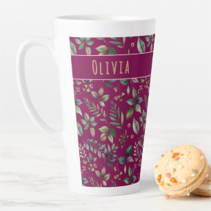 Caneca De Café Latte Folhas de Inverno Elegantes & Bagas Burgundy Perso
