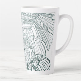 Caneca De Café Latte folhas de monstera verde-escura e lírios contorno