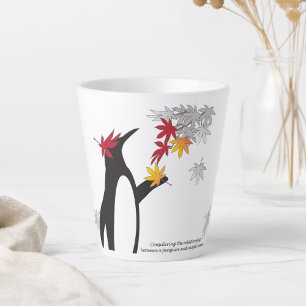 Caneca De Café Latte Folhas de outono e Pinguim Engraçado