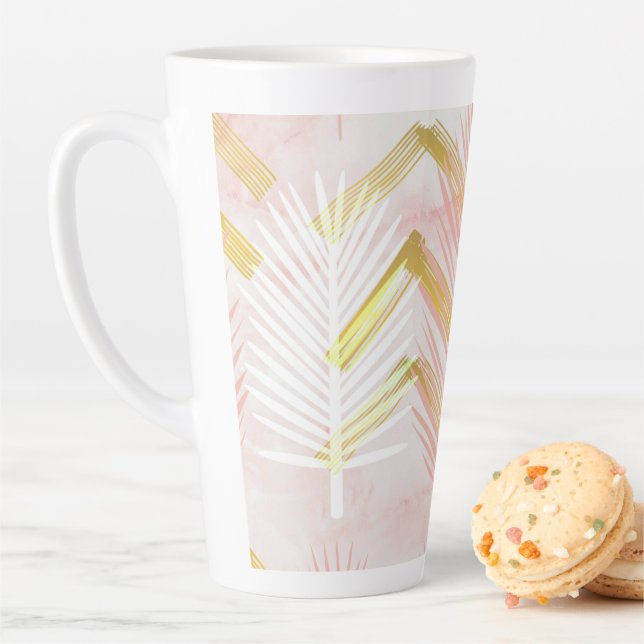 Caneca De Café Latte Folhas de Palma Botânicas Rosa e Dourado (In Situ)