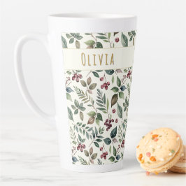 Caneca De Café Latte Folhas e Bagas Rústico Inverno Personalizado