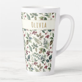 Caneca De Café Latte Folhas e Bagas Rústico Inverno Personalizado