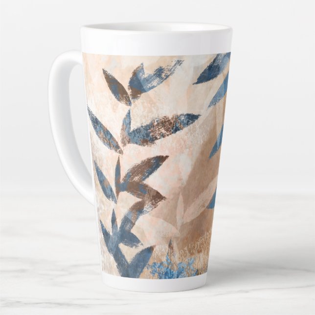 Caneca De Café Latte Folhas em camadas de abstrato - Azul e Neutro (Ângulo esquerdo)