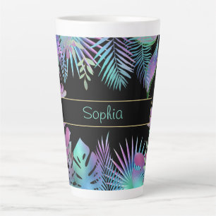 Caneca De Café Latte Folhas Tropicais Iridescentes, Nome do Teal de Mel