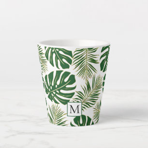 Caneca De Café Latte Folhas verdes e douradas escuras e monograma