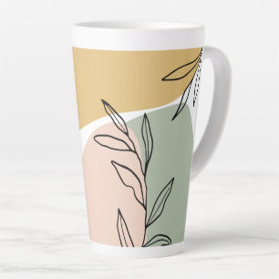 Caneca De Café Latte Formas de Abstrato e Folhas de Esquema Botânico
