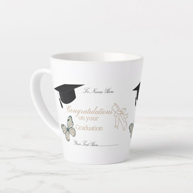 Caneca De Café Latte Formatura Personalizada com Borboletas e Chapéu (Ângulo esquerdo)
