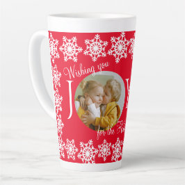 Caneca De Café Latte Foto da família Holiday JOY Red White Snowflake Mu