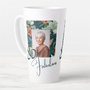 Caneca De Café Latte Foto de aniversário de 80 anos com padrão de flore