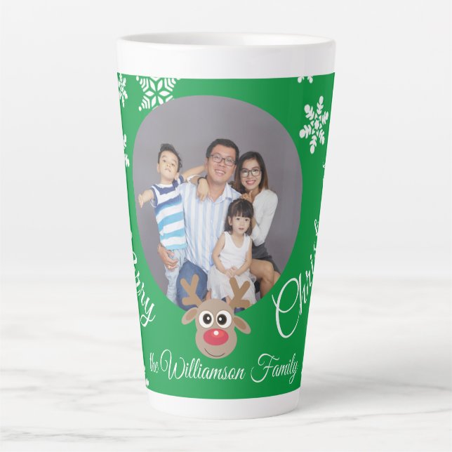 Caneca De Café Latte Foto de White Script de Reindeer Verde de Natal (Frente)