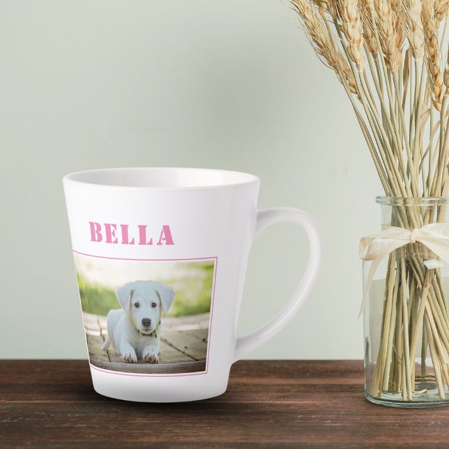 Caneca De Café Latte Foto e Nome de Cachorro Rosa Fofo (Criador carregado)