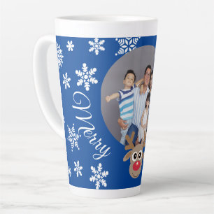 Caneca De Café Latte Foto Natal Blue Cute Reindeer White Script