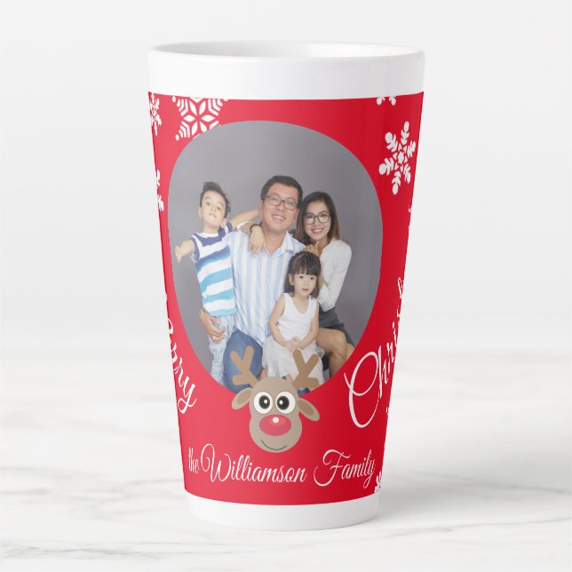 Caneca De Café Latte Foto Natal Red Cute Reindeer White Script (Frente)