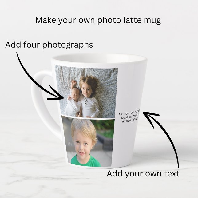 Caneca De Café Latte Fotografias e Texto Personalizados (Personalized Photos and Text Latte Mug from Ricaso. Make your own great photo gifts. Easy template)