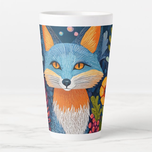 Caneca De Café Latte Fox Dot Art Vibrante Em Meio À Flora Esbuvada (Frente)
