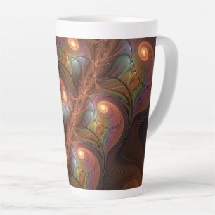 Caneca De Café Latte Fractal Castanho Abstrato fluorescente colorido