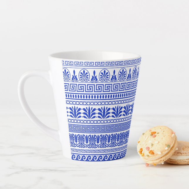 Caneca De Café Latte Frete Grego, Padrão Mediterrânico, Azul (In Situ)