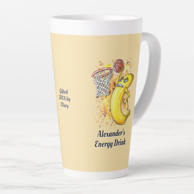 Caneca De Café Latte Fruity Slam Dunk Energizando Banana Personalizável (Ângulo direito)