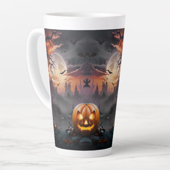 Caneca De Café Latte Fundo do Halloween em Laranja e Pedras de Cinza (Ângulo esquerdo)