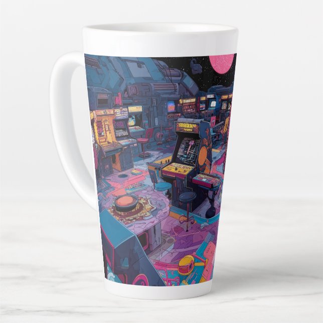 Caneca De Café Latte Futuristic Retro Arcade in Outer Space (Ângulo esquerdo)