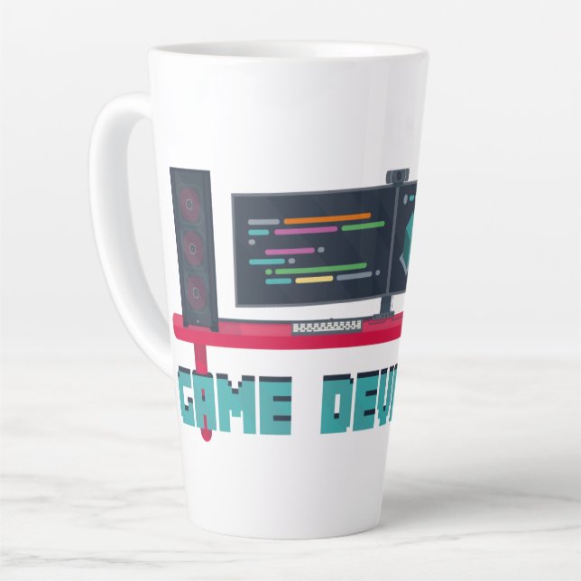 Caneca De Café Latte Game Developer Latte Mug - Blue Letters (Ângulo esquerdo)