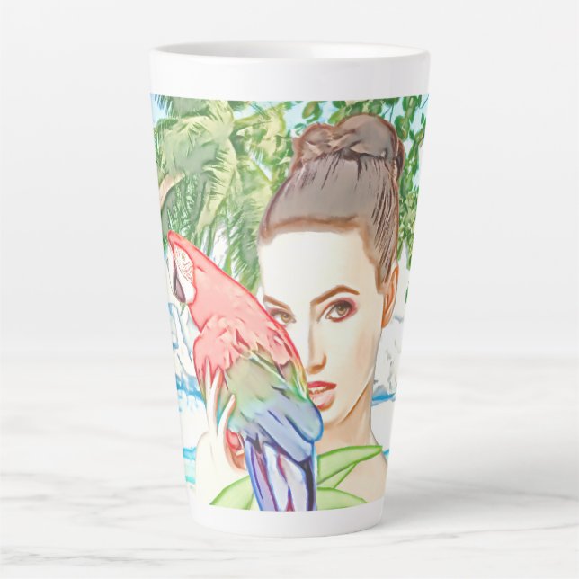 Caneca De Café Latte Garota com papagaio (Frente)