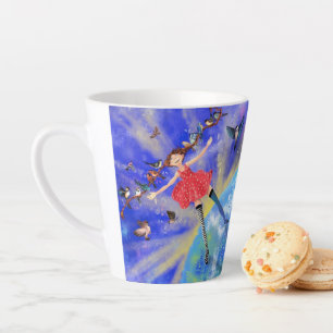 Caneca De Café Latte Garota com Pássaros Latte Mug Primavera - Pintura