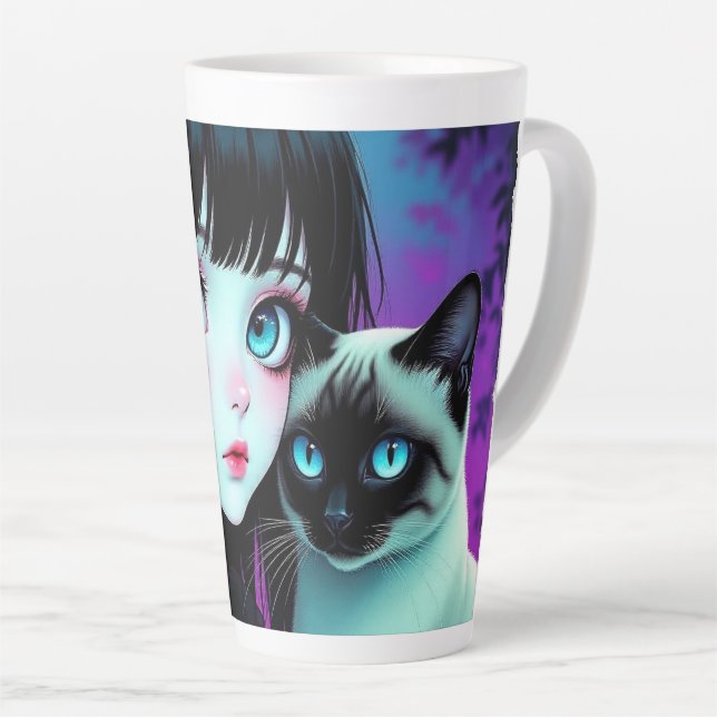 Caneca De Café Latte Garota de Anime e Gato Siames  (Ângulo direito)