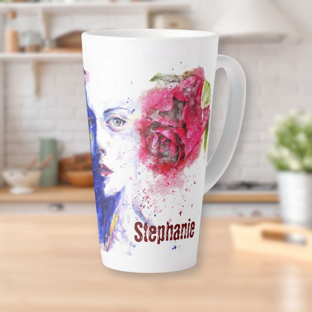 Caneca De Café Latte Garota de Aquarela com Rosa (Watercolor Girl with Rose Latte Mug)