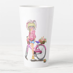 Caneca De Café Latte Garota Loura e Gato Branca de Bike Rosa em Flores