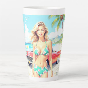 Caneca De Café Latte Garota na praia com um carro clássico