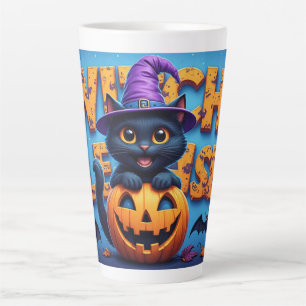 Caneca De Café Latte Gata Preta Fofa Bruxa Abóbora Halloween 🐈⬛
