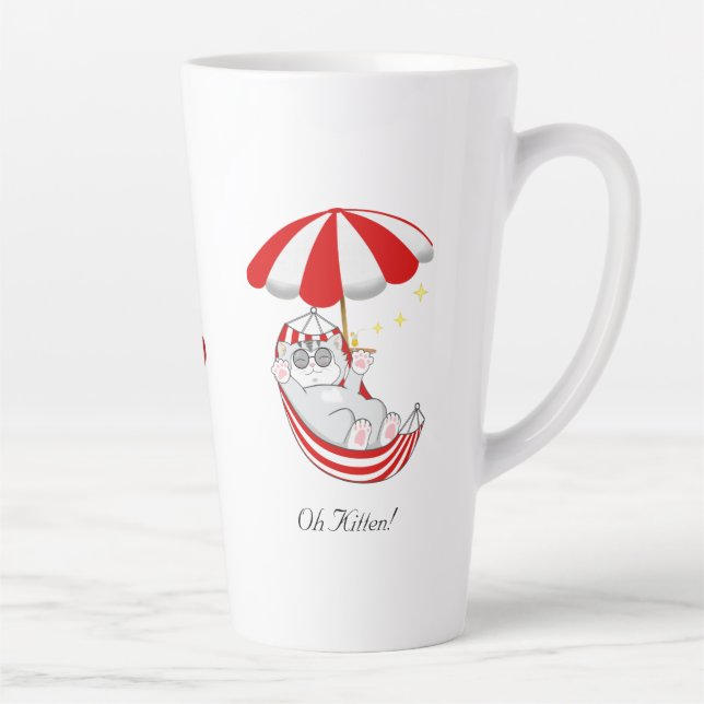 Caneca De Café Latte Gatinho Bonito em Hammock Vermelho e Branco (Direita)