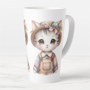 Caneca De Café Latte Gatinho Cottagecore com Macacão e Chapéu de Palha