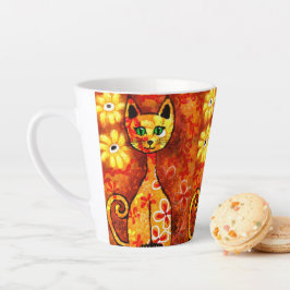 Caneca De Café Latte Gatinho De Gato Quimológico Retro Laranja Amarelo 