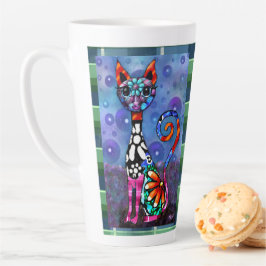 Caneca De Café Latte Gato Abstrato Divertido de Olhos Grandes e Funky