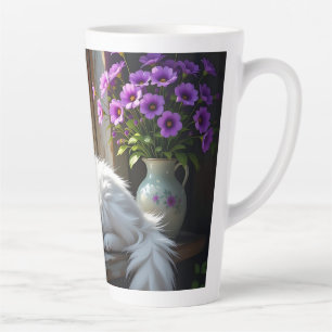 Caneca De Café Latte Gato Branco Dormindo e Flores Roxas Personalizado