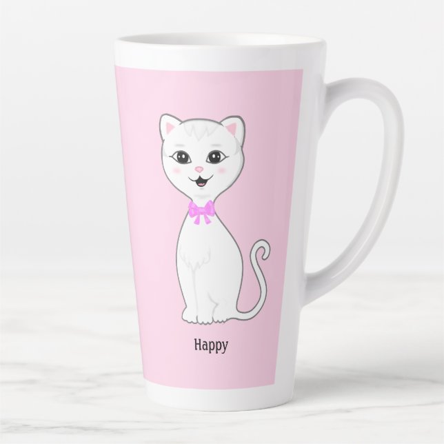 Caneca De Café Latte Gato Branco Feliz e Fofo em Rosa Claro (Direita)