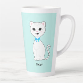 Caneca De Café Latte Gato Branco Feliz Fofo em Azul Claro