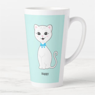 Caneca De Café Latte Gato Branco Feliz Fofo em Azul Claro