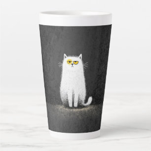 Caneca De Café Latte Gato Branco Mal-humorado – Divertida Arte Minimali