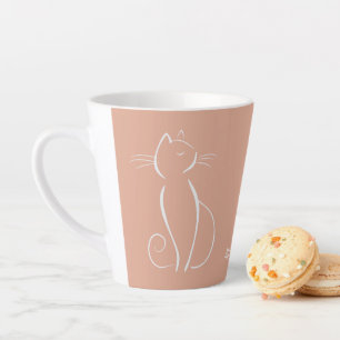Caneca De Café Latte Gato Branco Minimalista A Rosa Adicionar Nome Latã