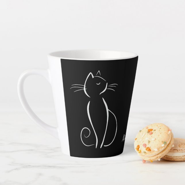 Caneca De Café Latte Gato Branco Minimizado em Preto Nome Adicionar (In Situ)
