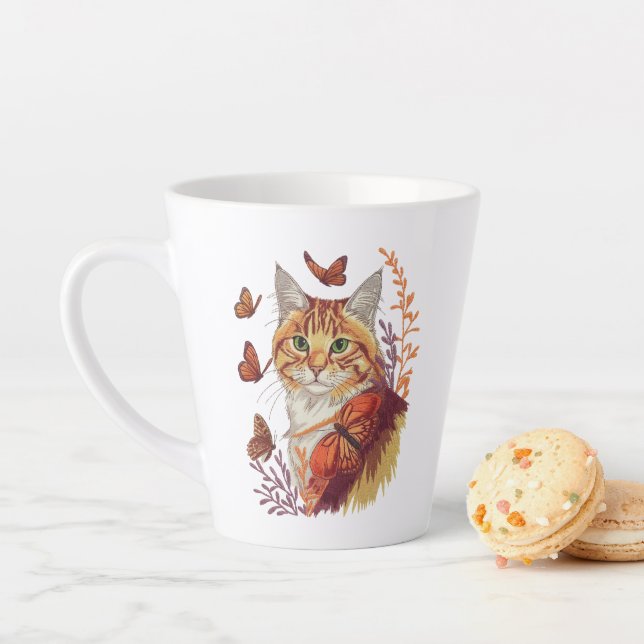 Caneca De Café Latte Gato com Borboletas Monarcas (In Situ)