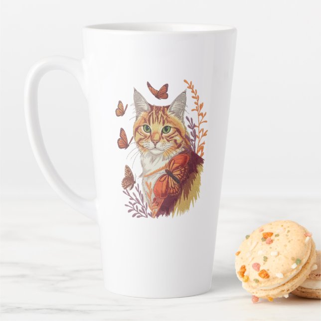 Caneca De Café Latte Gato com Borboletas Monarcas (In Situ)