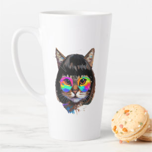 Caneca De Café Latte Gato com Peruca + Óculos de Sol (Pintura #9)