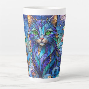 Caneca De Café Latte Gato Cósmico Vidro Colorido Olhos Azuis Verdes Sur