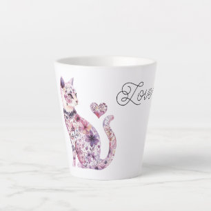 Caneca De Café Latte Gato de Amor Coração Flores Rosa Roxo Rubor