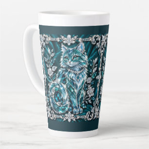 Caneca De Café Latte Gato de Cristal Turquesa de Luxo Moldura de Prat